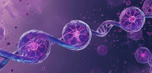 Illustration showing the role of cohesin proteins in meiosis, on a plum purple background, including labeled diagram - obrazy, fototapety, plakaty