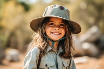 Cute little girl in a safari hat smiling at the camera