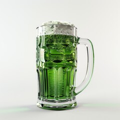 glass of green beer with foam, st patricks Day celebration, white background