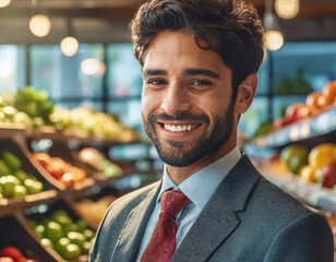 Confident smiling young businessman in modern grocery store - 741386957