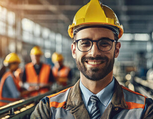 Confident smiling male engineer wearing hardhat industrial plant - 741387144