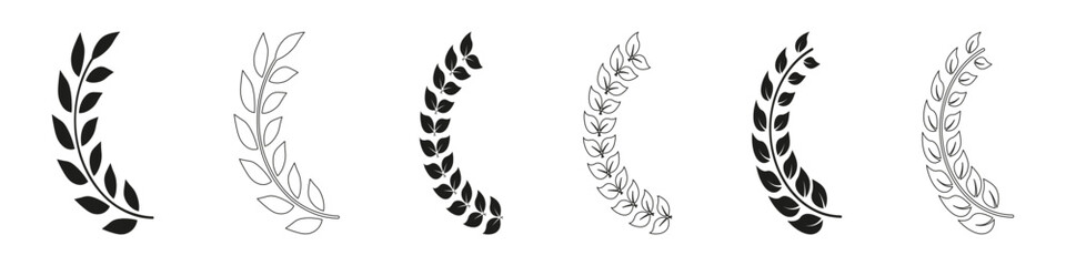 Laurel Wreath In Half Circle Shape Line and Silhouette Icon Set. Natural Heraldic Black Decoration Collection. Olive Leaf Ornate, Vintage Tree Branch, Floral Border. Isolated Vector Illustration