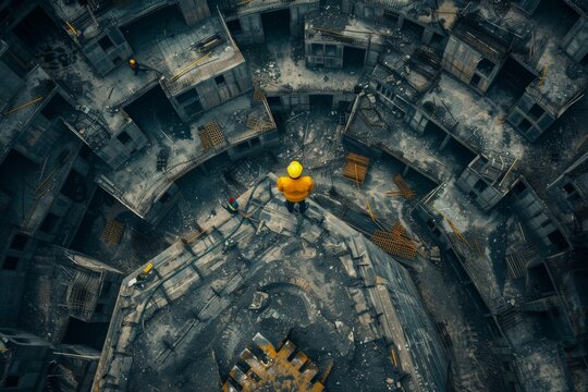 captures a moment of quiet contemplation amidst the organized chaos of a large-scale construction project, with a lone worker overseeing the progress from a bird’s eye view