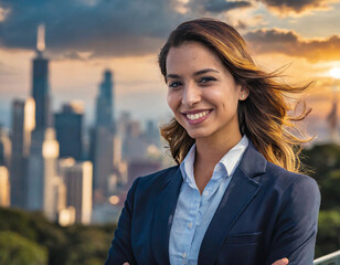 Confident businesswoman smiling with city skyline at sunset - 741387317
