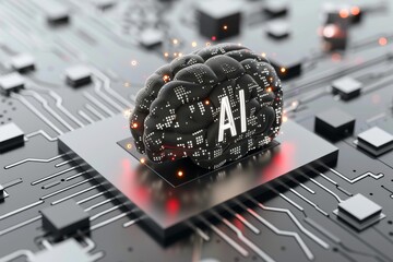 AI Brain Chip dementia. Artificial Intelligence server software mind social media axon. Semiconductor neuroprosthetic device circuit board nanodiamonds
