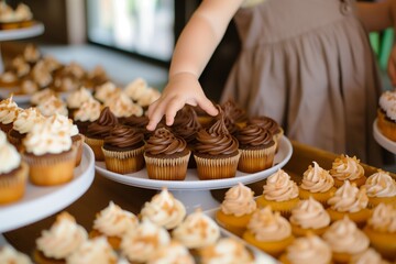 child reaching for cupcakes on a dessert buffet