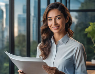 Confident businesswoman standing in office with city view background - 741387510