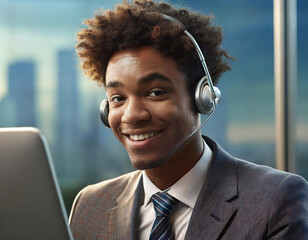 Professional male customer service representative with headset smiling in a modern office setting. - 741387580