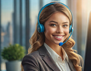 Professional female customer service representative with headset smiling in a modern office setting. - 741387582