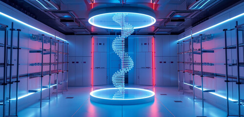 A futuristic nano particle lab with a central, vertical DNA helix under striking blue and red lights, against a grey background