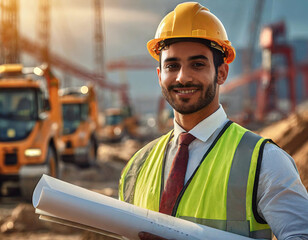 Smiling male construction worker with helmet and reflective vest holding plans at a construction site. - 741387703