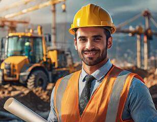 Smiling male construction worker with helmet and reflective vest holding plans at a construction site. - 741387711