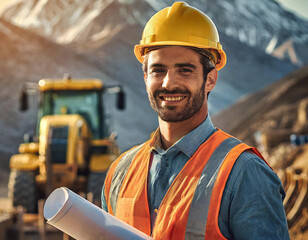 Smiling male construction worker with helmet and reflective vest holding plans at a construction site. - 741387725
