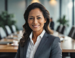 Confident businesswoman smiling in a modern office setting with colleagues and cityscape background. - 741387773