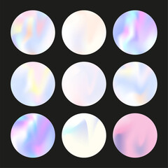Holographic abstract backgrounds set. Gradient hologram. Multicolor holographic backdrop. Minimalistic 90s, 80s retro style graphic template for brochure, banner, wallpaper, mobile screen.
