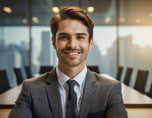 Confident businessman smiling in modern office setting with cityscape background. - 741387911