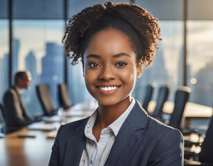 Smiling businesswoman with colleague in modern office with cityscape