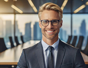 Confident businessman smiling in modern office setting with cityscape background. - 741387946