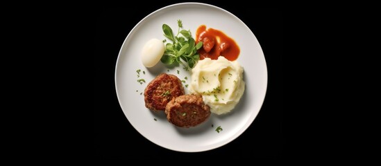 Pieces of minced meat with mashed potatoes served on a white plate - Powered by Adobe