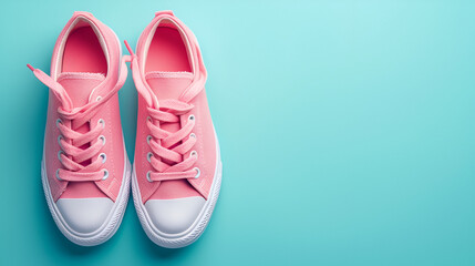 Pink nubuck sneakers isolated on blue background, copy space, generative ai - obrazy, fototapety, plakaty