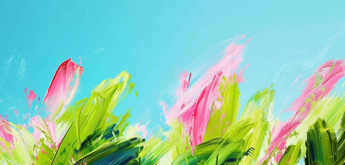 Lively abstract expressionist brush strokes in bright lime green and hot pink against a sky blue background
