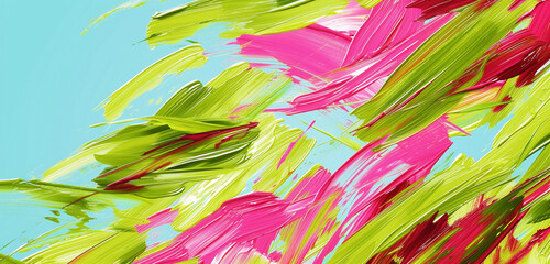Lively abstract expressionist brush strokes in bright lime green and hot pink against a sky blue background