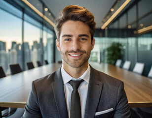 Confident businessman smiling in modern office setting with cityscape background. - 741387991