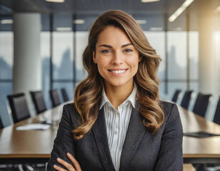 Confident businesswoman smiling in a modern office setting with cityscape background. - 741388101