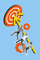 Vertical collage image young colleagues determined walk upwards achieve target pointer hit goal center cogwheel startup project