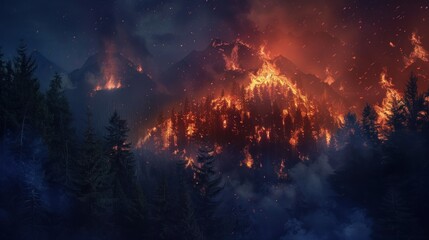 Great wildfire burning the a large forest, global crisis of climate change, protecting the world from global boiling crisis. - obrazy, fototapety, plakaty
