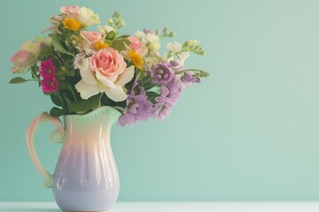 crisp photo of a pastel ceramic pitcher with a bouquet of flowers