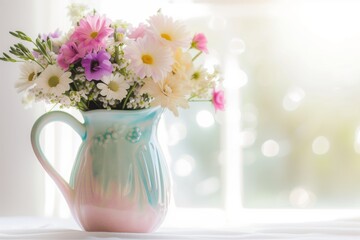 crisp photo of a pastel ceramic pitcher with a bouquet of flowers