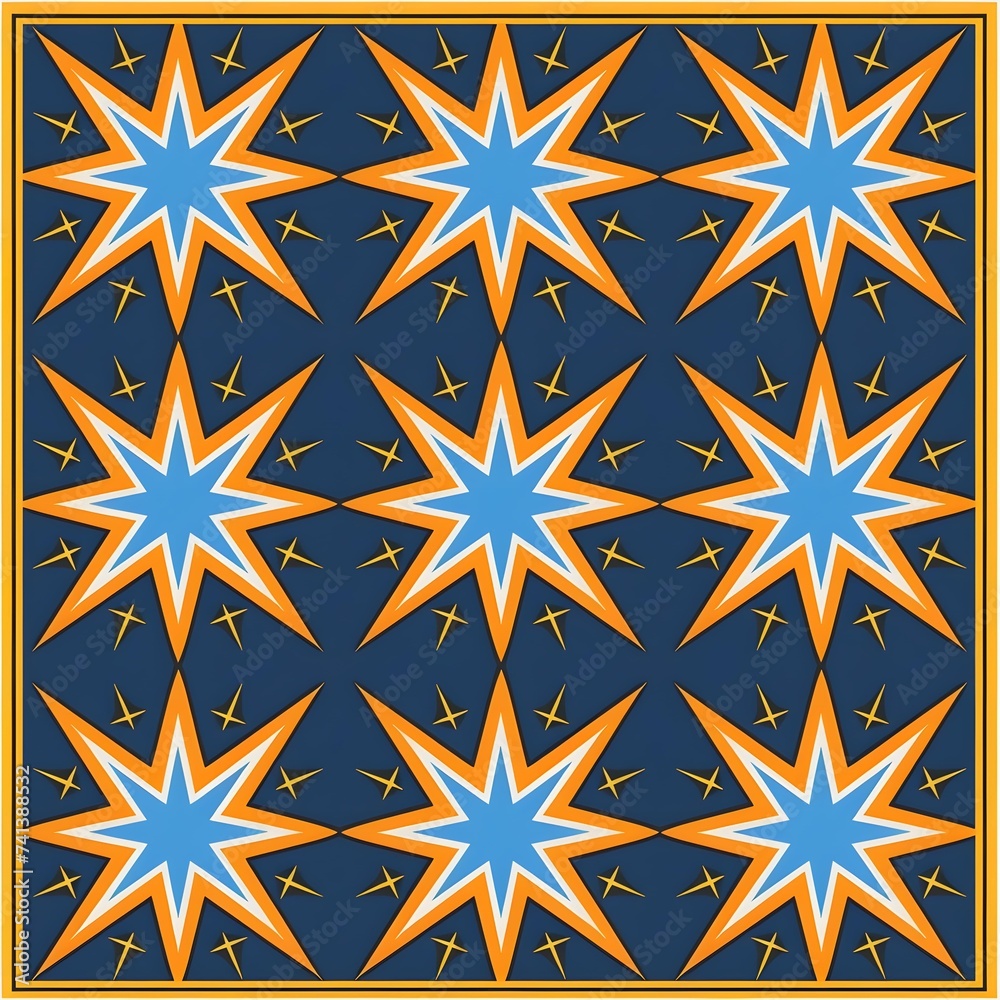 Wall mural the blue and yellow and orange star pattern, in the style of minimalist textiles, neo-classicist sym