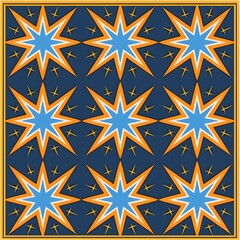 the blue and yellow and orange star pattern, in the style of minimalist textiles, neo-classicist symmetry