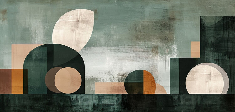 Minimalist art with large, blocky shapes in muted tones on a forest green background