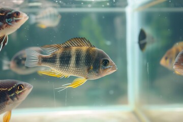 fish swimming in a clear aquarium viewed from the side - obrazy, fototapety, plakaty