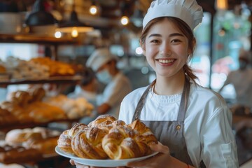 Smiling Baker Presenting Fresh Bread in Artisan Bakery. Generative AI