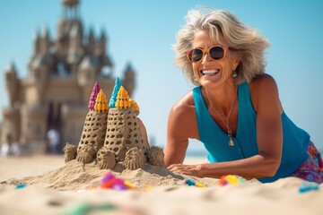 Happy senior woman playing with sand castle on the beach during summer vacation