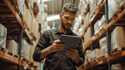 Fototapeta premium Worker man checklist goods at the warehouse.