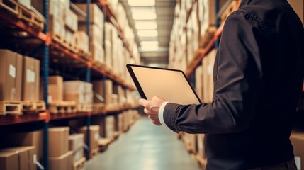 Warehouse receiver checking delivered cargo with tablet, verifying items against order