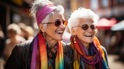 Elderly lesbian couple walking down the street