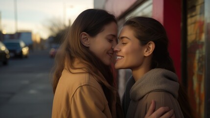 Two Caucasian women hugging sweetly on the street. Same-sex love