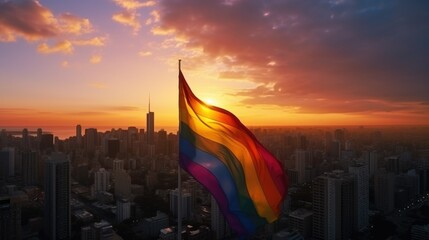 LGBT rainbow flag rising and waving over a big city