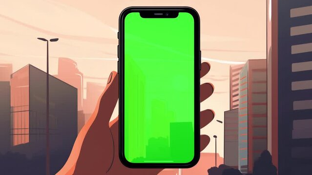 Illustration of hand holding mobile phone mockup with green screen, chroma key and town, city street on background. 4k slow motion