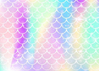Princess mermaid background with kawaii rainbow scales pattern. Fish tail banner with magic sparkles and stars. Sea fantasy invitation for girlie party. Creative princess mermaid backdrop.