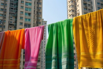 vibrant towels drying on a line amidst urban apartments
