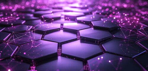 Purple technology hexagons on a dark background, interconnected with light beams