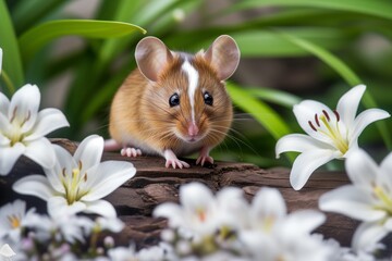 mouse on a log with white lilies around it