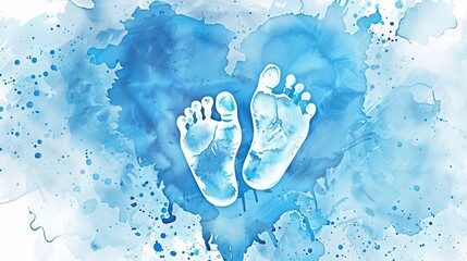 Pregnancy announcement concept illustration. Baby gender reveal concept illustration. Watercolor imitation heart with baby footprints. Blue colored - for baby boy. - obrazy, fototapety, plakaty