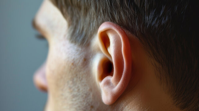 Men's ear. Close-up of a man's ear. Blurred portrait of the interstitial head, focus on the left ear.
